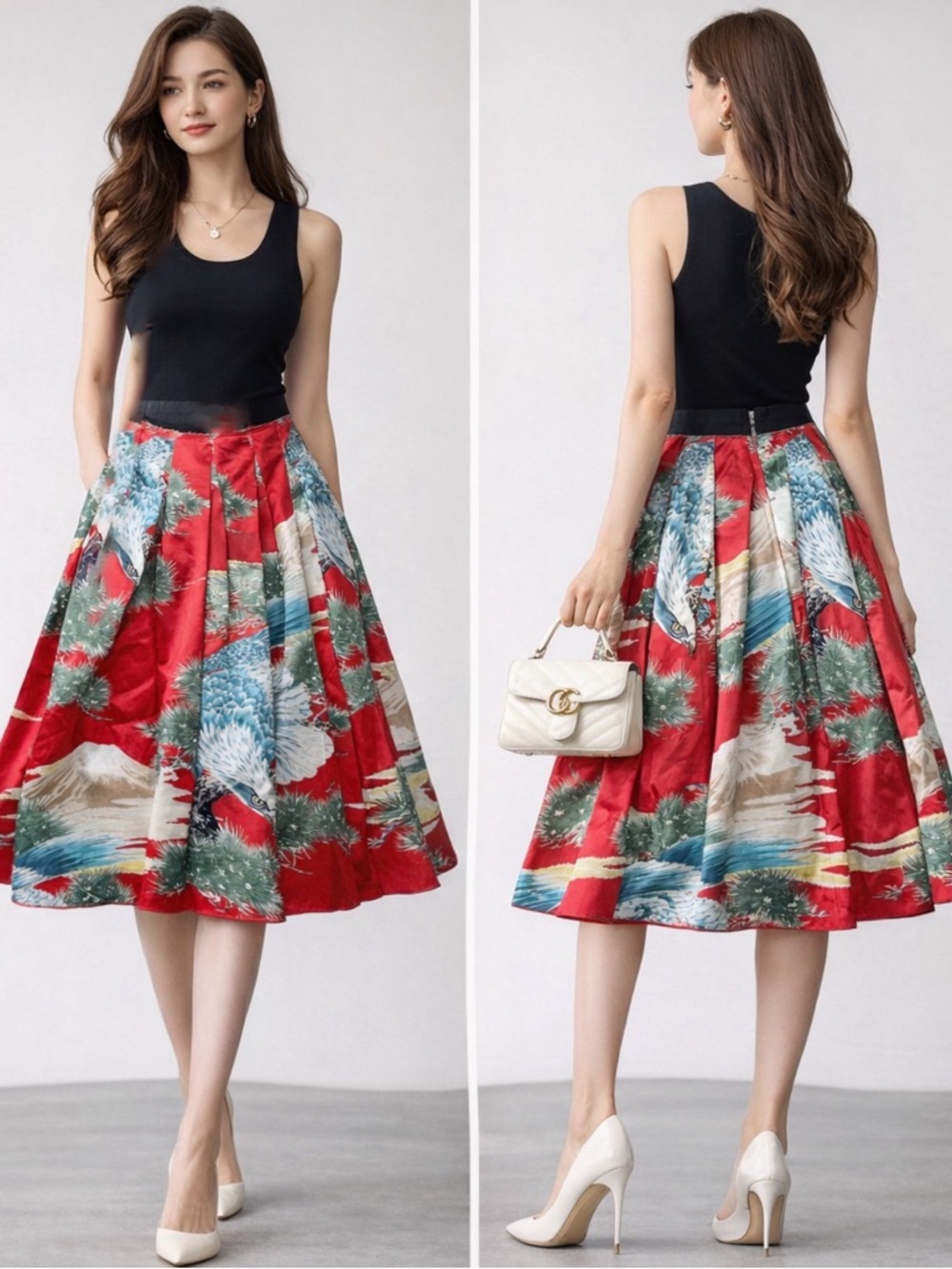 Gucci Silk Crane Print Pleated Skirt Red Statement Luxury Italy Size 40 small